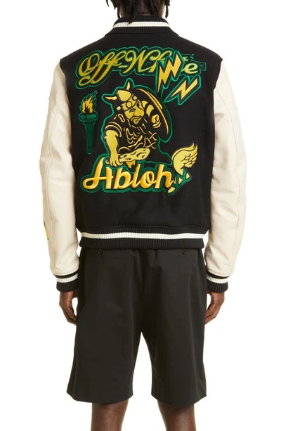 Shop Off-white Stretch Wool Blend & Leather Varsity Jacket In Black/ Yellow