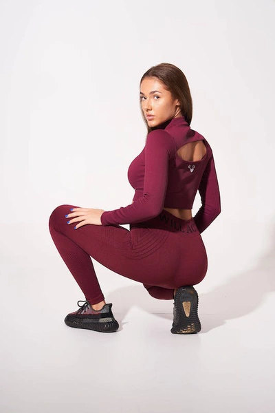 Shop Twill Active Viyella Recycled Rib High Neck Long Sleeve Crop Top In Red