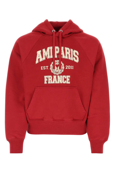 Shop Ami Alexandre Mattiussi Ami Logo Printed Drawstring Hoodie In Red