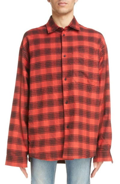 Shop Balenciaga Reversible Plaid & Check Cotton Flannel Button-up Shirt In Red