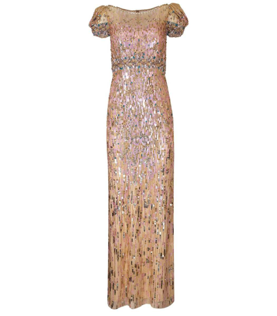 Shop Jenny Packham Sungem Ruched Slv Bead Gown In Illusion