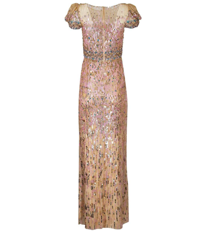 Shop Jenny Packham Sungem Ruched Slv Bead Gown In Illusion
