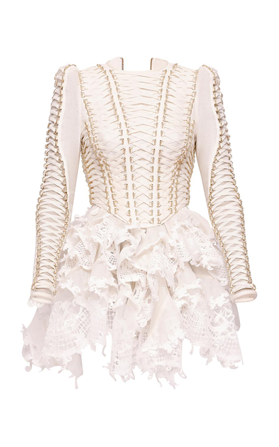 Shop Zimmermann Coaster Corset Laced Linen And Silk Mini Dress In White
