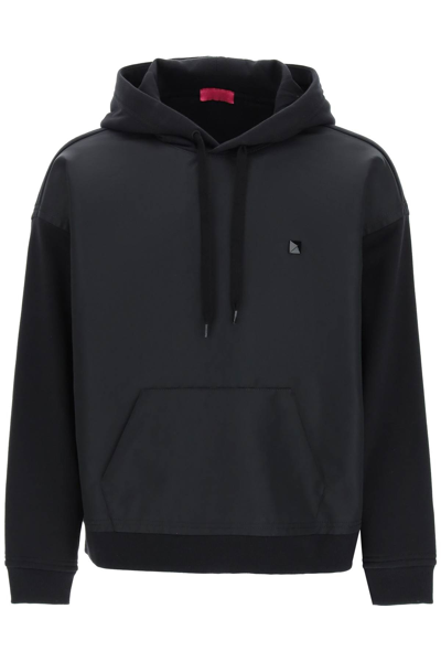 Shop Valentino Cotton And Nylon Hoodie With Stud In Black