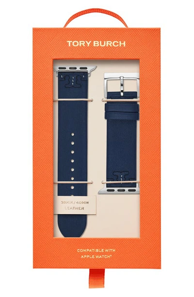 Shop Tory Burch Mcgraw Leather Apple Watch® Watchband In Navy