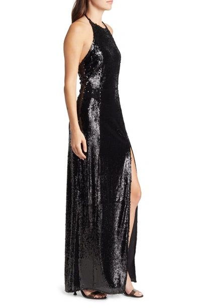 Shop Lulus Taking The Stage Sequin Halter Neck Gown In Black