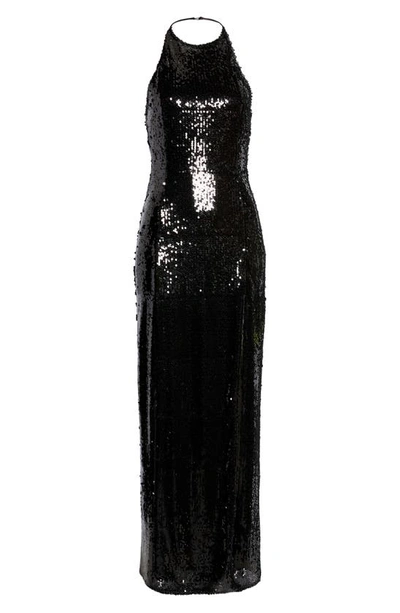 Shop Lulus Taking The Stage Sequin Halter Neck Gown In Black