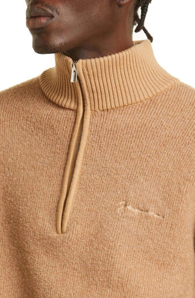 Shop Jacquemus La Maille Berger Embroidered Logo Half Zip Merino Wool Blend Sweater In Beige 150