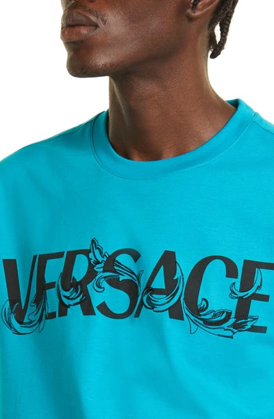 Shop Versace Fleur Embroidered Logo Graphic Tee In Iv830 Turquoise