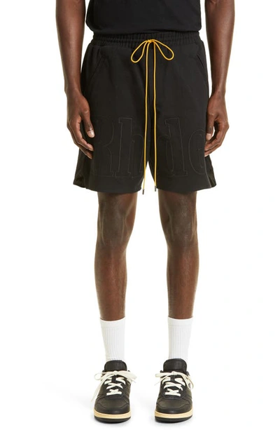 Shop Rhude Embroidered Logo Cotton Twill Shorts In Black 0372