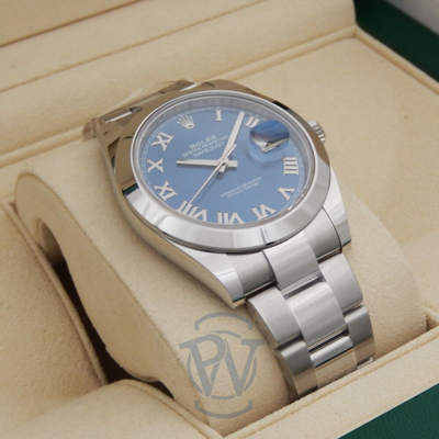 Pre-owned Rolex Datejust 41 Smooth Bezel Blue Roman On Oyster 126300 Complete Unworn