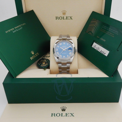 Pre-owned Rolex Datejust 41 Smooth Bezel Blue Roman On Oyster 126300 Complete Unworn