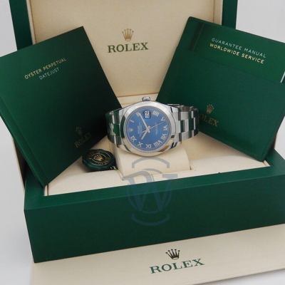 Pre-owned Rolex Datejust 41 Smooth Bezel Blue Roman On Oyster 126300 Complete Unworn