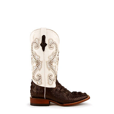 Pre-owned Ferrini Ladies Chocolate Leather Caiman S-toe Rancher Cowboy Boots In Brown