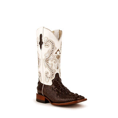 Pre-owned Ferrini Ladies Chocolate Leather Caiman S-toe Rancher Cowboy Boots In Brown