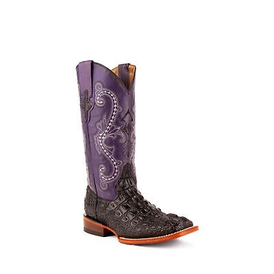 Pre-owned Ferrini Ladies Black Leather Caiman Print S-toe Rancher Cowboy Boots