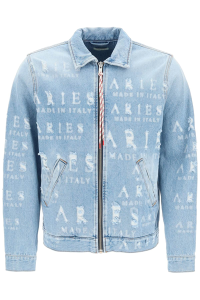 Shop Aries Distressed Lettering Motif Denim Jacket In Multicolor