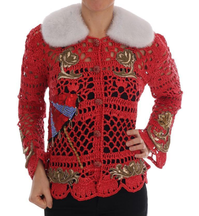 Shop Dolce & Gabbana Red Fairy Tale Fur Crystal Cardigan Sweater