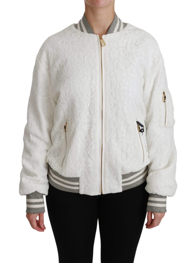 Shop Dolce & Gabbana White Lace Full Zip Bomber Coat Cotton Jacket