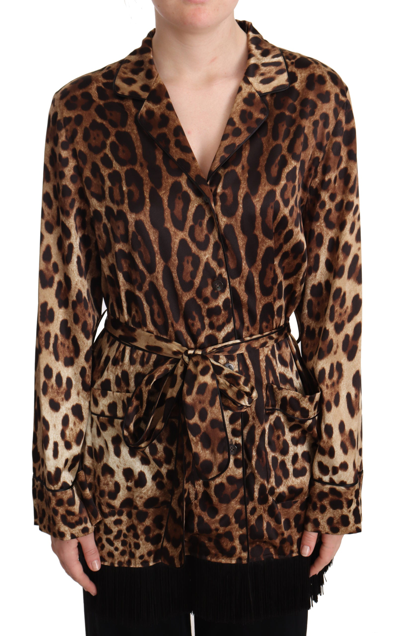 Shop Dolce & Gabbana Brown Leopard Print Long Sleeve Belted