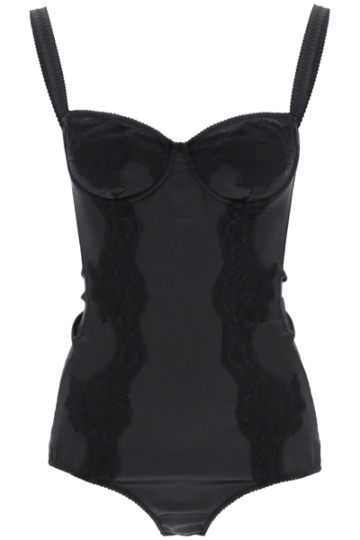 Shop Dolce & Gabbana Silk Balconette-bra Bodysuit With Lace Detailing In Black