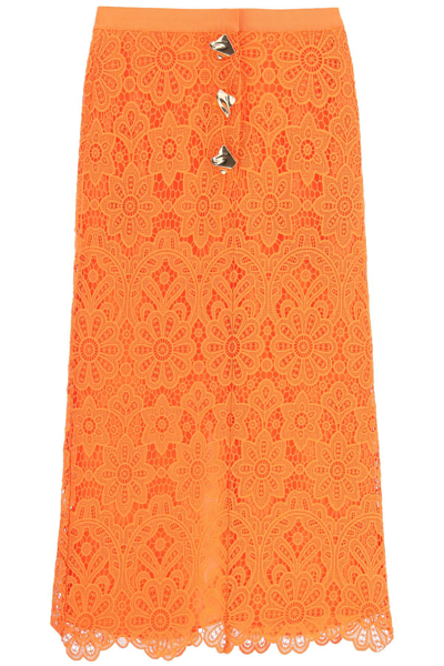 Shop Self-portrait Lace Midi Skirt With Golden Buttons In Orange