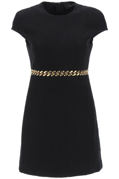 Shop Versace Tweed Dress With Chain In Black