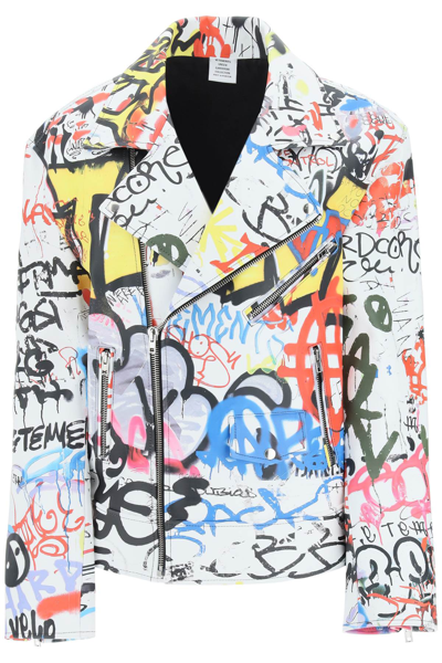Shop Vetements Graffiti Print Biker Jacket In Multicolor