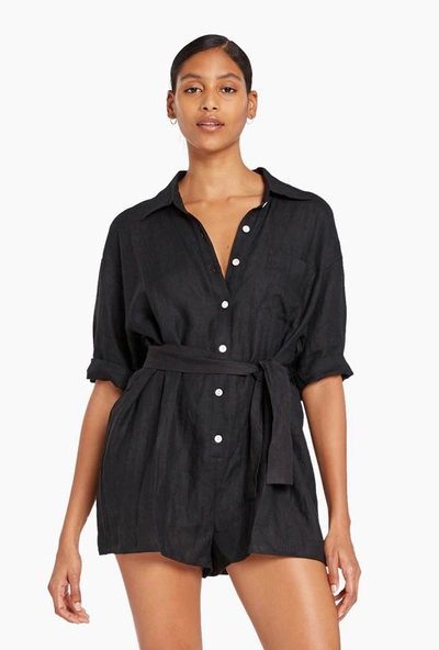 Shop Vitamin A Playa Linen Short Romper In Ecolinen Black