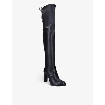 Stuart Weitzman Omens Black Highland Thigh-high Heeled Leather Boots In Black