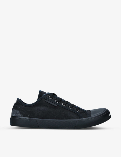 Shop Balenciaga Paris Distressed-cotton Low-top Trainers In Black