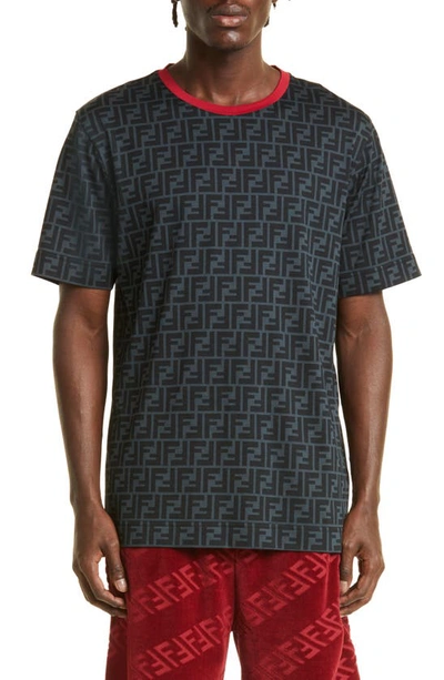 Shop Fendi Ff Logo Print Cotton T-shirt In Anthracite/ Rosso