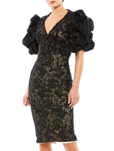 Shop Mac Duggal Women's Puff-sleeve Embellished Midi Dress In Black