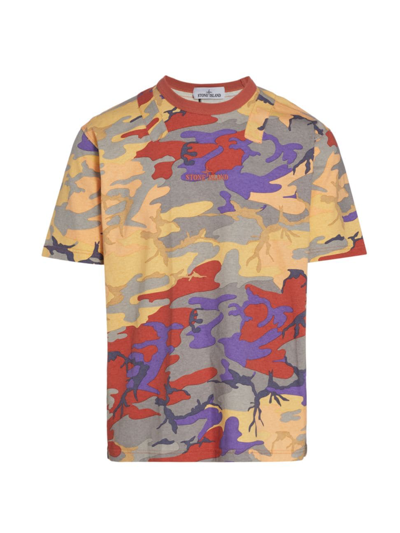 Shop Stone Island Men's Multicolored Camo-print T-shirt In Brick Red