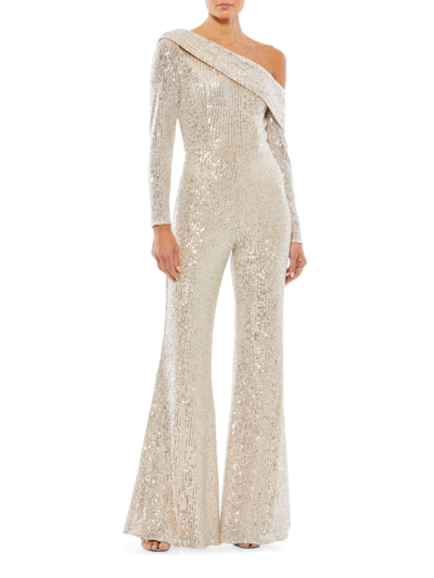 Shop Mac Duggal Women's Ieena Sequin One-shoulder Long-sleeve Jumpsuit In Silver