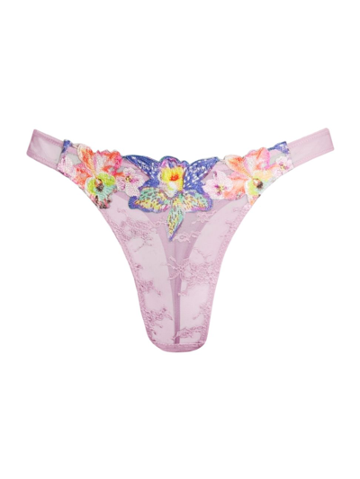 Shop Fleur Du Mal Women's Orchid-embroidered Lace Thong In Wisteria