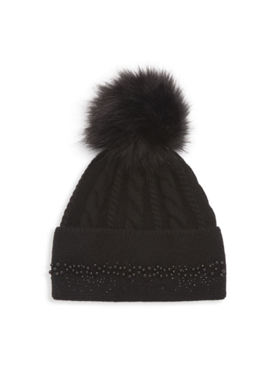 Shop Adrienne Landau Women's Faux Fur Pom Knit Embellished Hat In Black