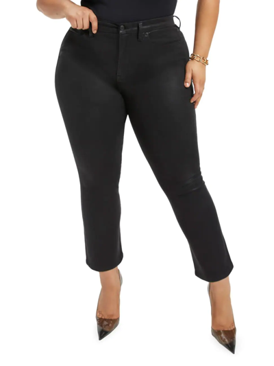 Shop Good American Women's Good Straight High-rise Coated Cropped Straight-leg Jeans In Black