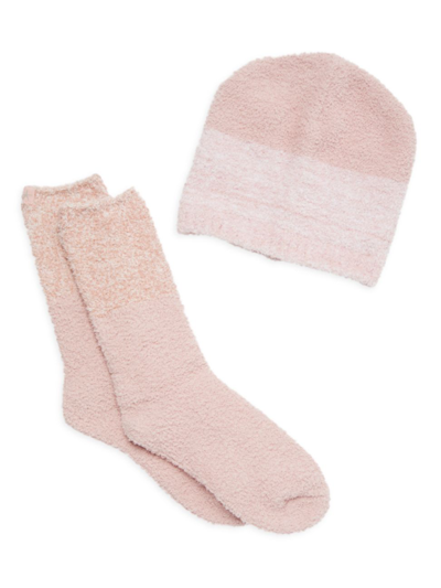 Shop Barefoot Dreams Women's Cozychic Beanie & Socks 2-piece Set In White Dusty Rose