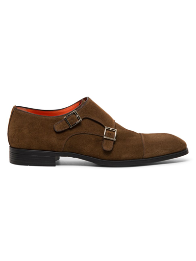 Shop Santoni Men's Beginner Suede Monk-strap Shoes In Brown