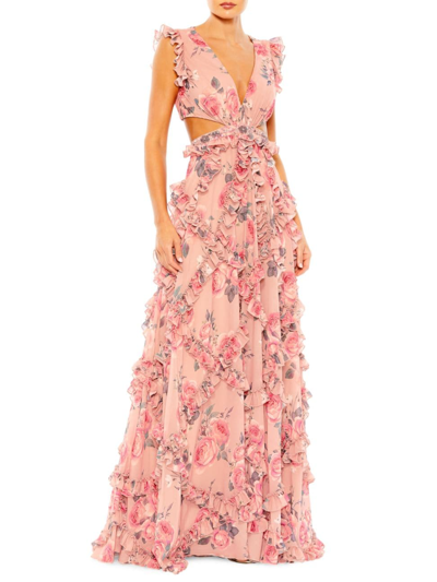 Shop Mac Duggal Women's Floral Chiffon Cut-out Gown In Rose Multi