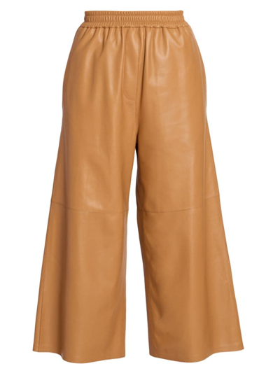 Shop Loewe Women's Leather Cropped Wide-leg Trousers In Toffee