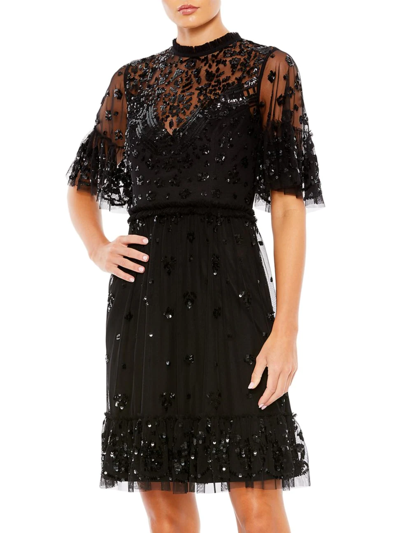 Shop Mac Duggal Women's Embellished Tulle Mini Dress In Black