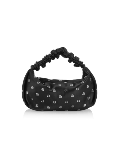 Shop Alexander Wang Women's Mini Scrunchie Crystal-embellished Monogram Satin Top Handle Bag In Black