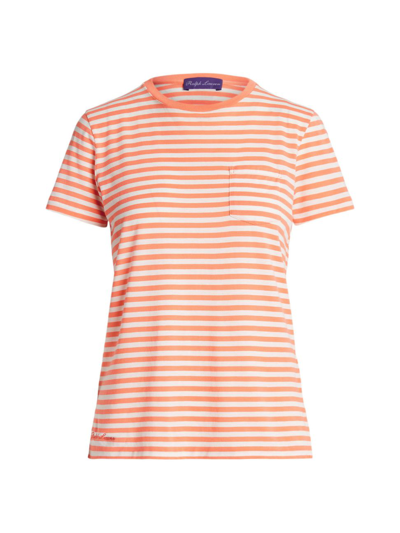 Shop Ralph Lauren Women's Striped Crewneck T-shirt In Melon Off White