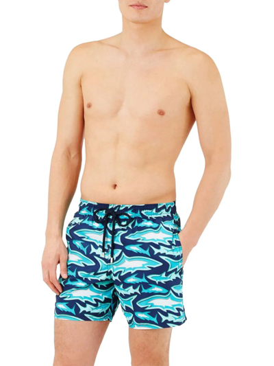 Shop Vilebrequin Men's Requins Recycled Swim Shorts In Bleu Marine
