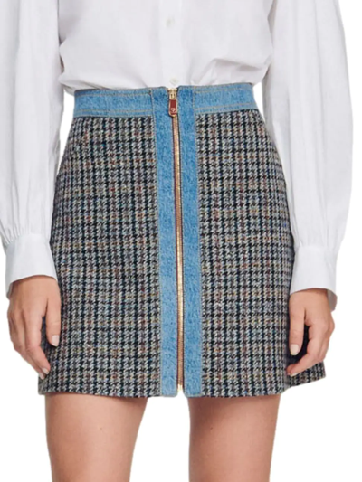 Shop Sandro Women's Mary Jane Tweed & Denim Miniskirt In Blue Beige