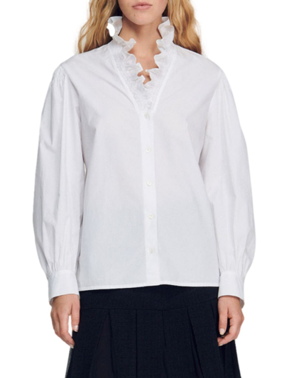 Shop Sandro Women's Cotton Shirt With Fancy Collar In White
