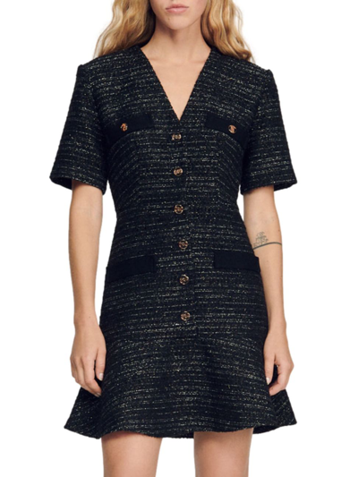 Shop Sandro Women's Gwendoline Metallic Tweed Dress In Black