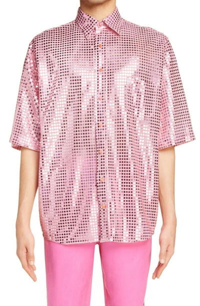 Shop Acne Studios Sequin Metallic Button-up Shirt In Pink